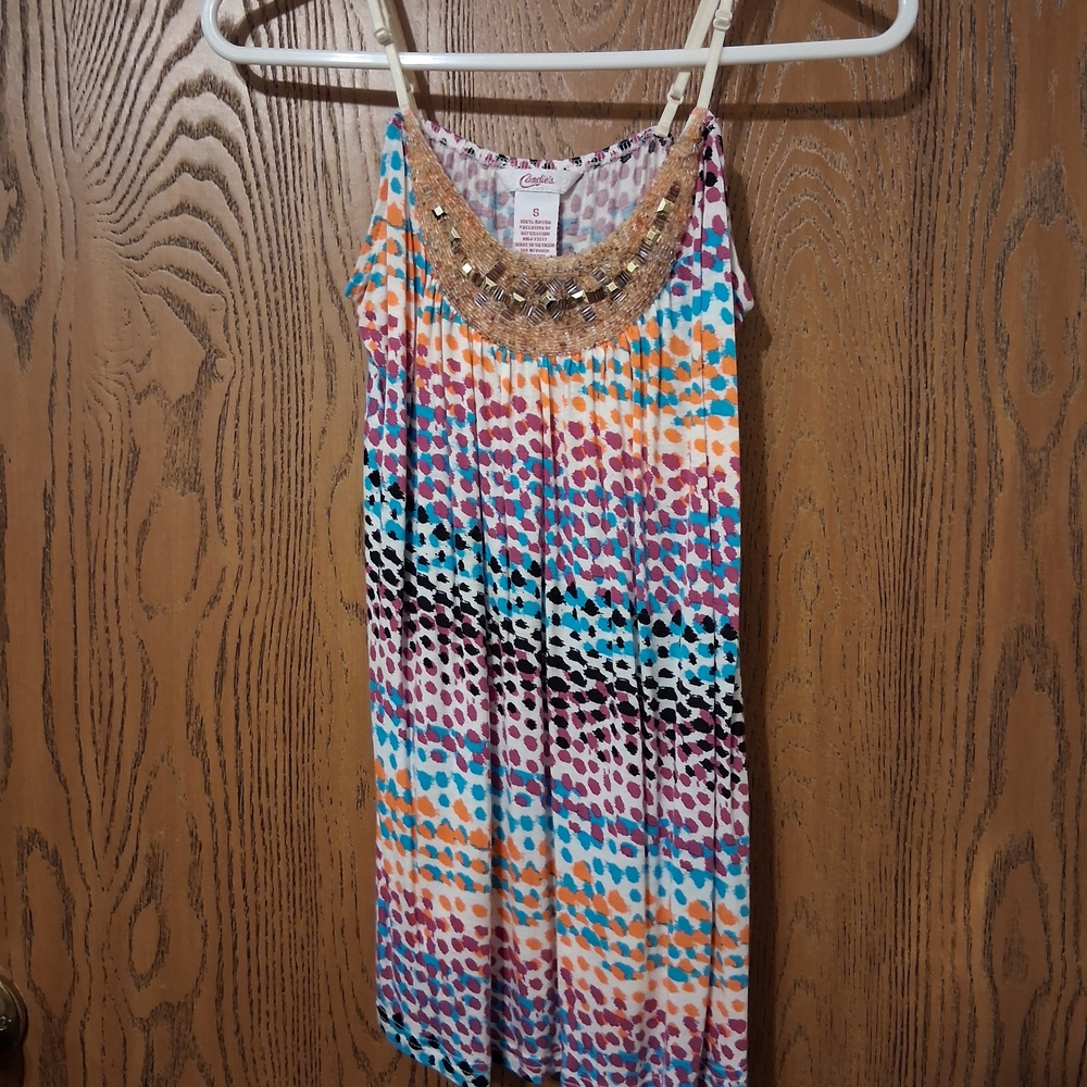 Candie's Multicolor Pleated Top with Gold Beaded Collar